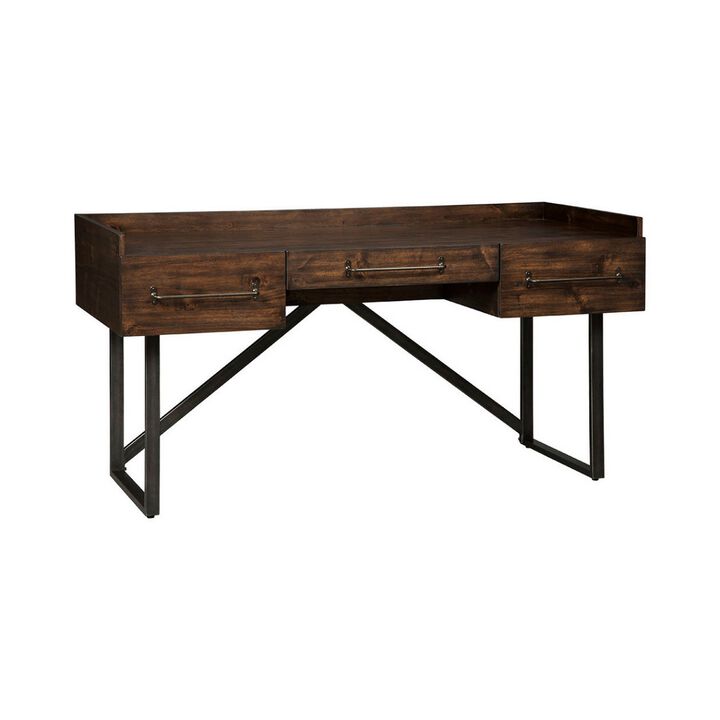 Three Drawers Wooden Desk with Tubular Metal Base and Bar Handles, Brown and Black-Benzara