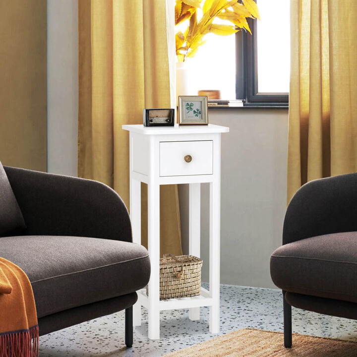 2 Tier Slim Nightstand Bedside Table with Drawer Shelf