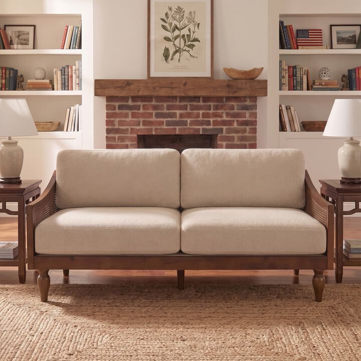 Mid-century modern 3-seater sofa couch, chenille upholstered sofa with rattan armrests, rubberwood frame sofa for apartment living room