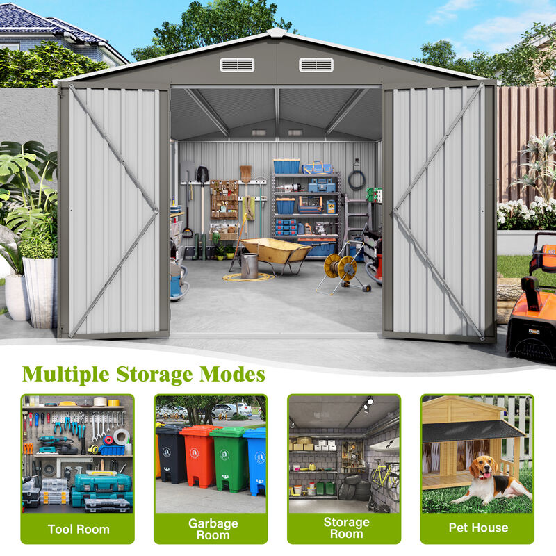 10x14 FT Outdoor Metal Storage Shed with Three Lockable Doors and Clear Window image number 8