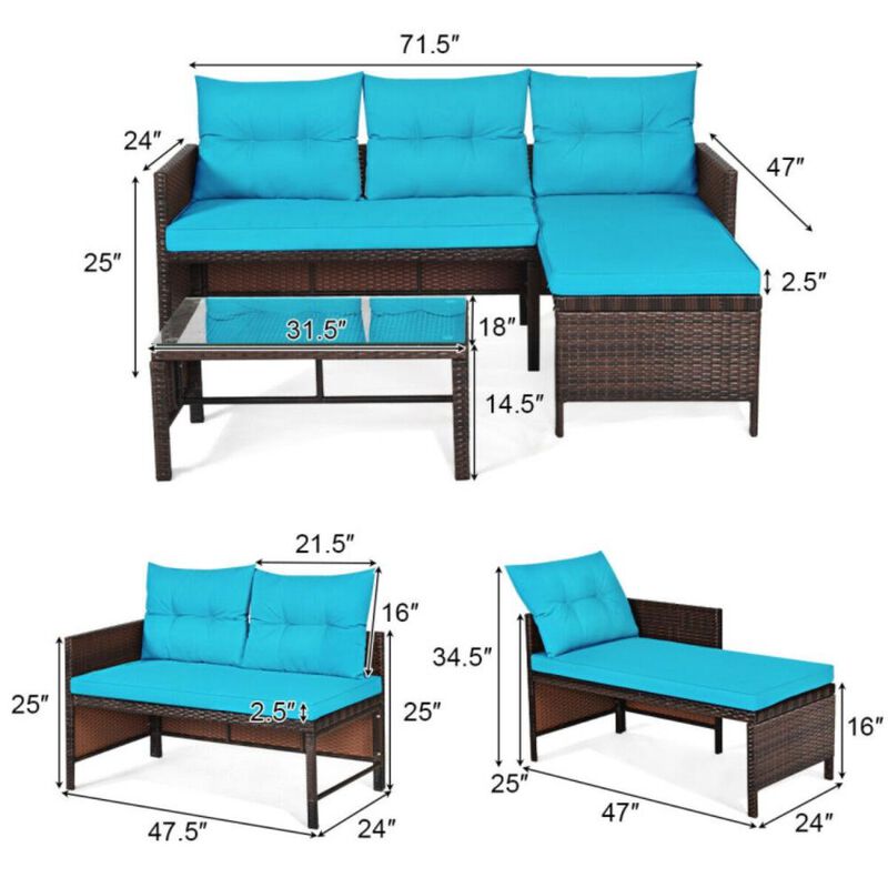 Hivvago 3 Pieces Outdoor Patio Corner Rattan Sofa Set