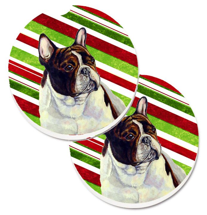 Caroline's Treasures French Bulldog Candy Cane Holiday Christmas Set of 2 Cup Holder Car Coasters LH9247CARC, 2.56, Multicolor