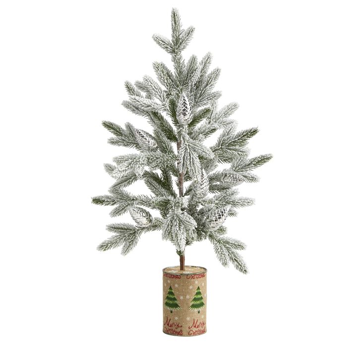 Nearly Natural 28-in Flocked Christmas Artificial Tree in Decorative Planter