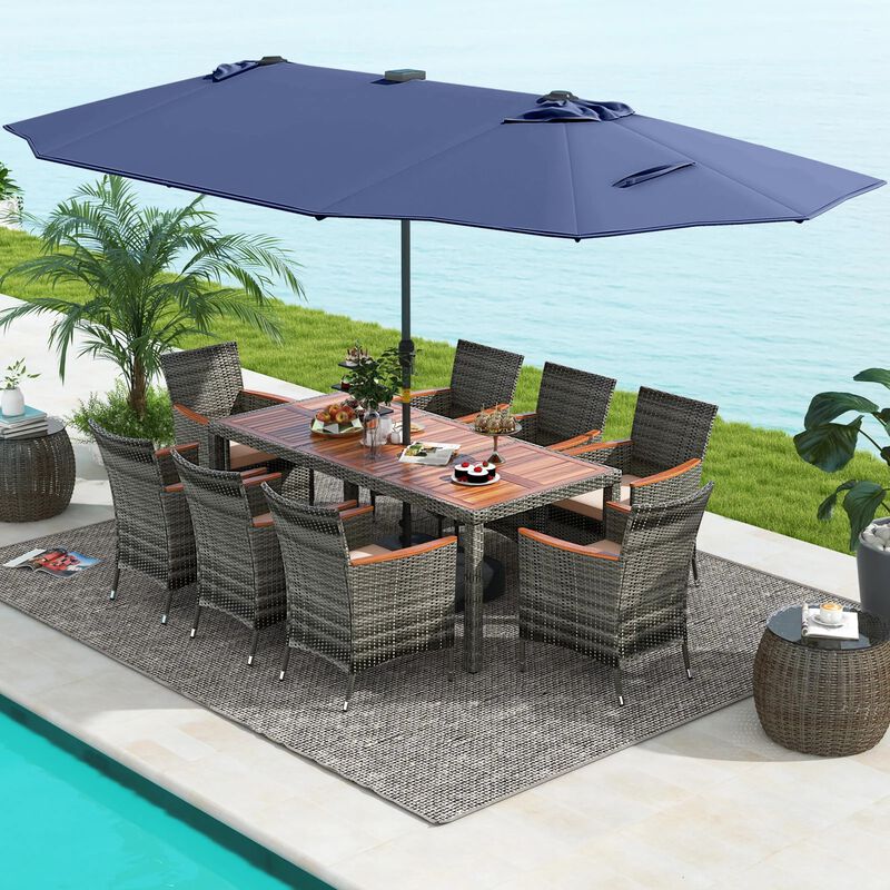 Mondawe 9-Piece Patio Dining Set,71" Acacia Table With 15ft Solar LED Umbrella & PE Rattan Chairs