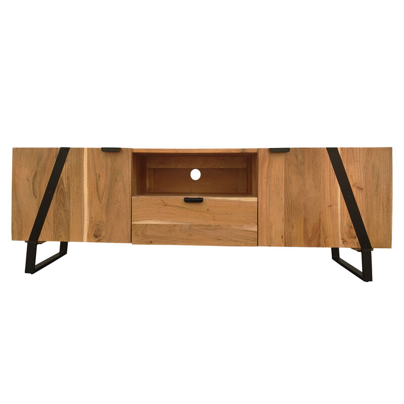 Aza 59 Inch Handcrafted TV Console with Drawer Natural Brown Acacia Wood Cabinet - Benzara