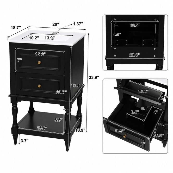 ELEMENT ACE 20 Inch Bathroom Vanity with Integrated Ceramic Sink, Freestanding Bathroom Cabinet with 2 Drawers and Open Shelf