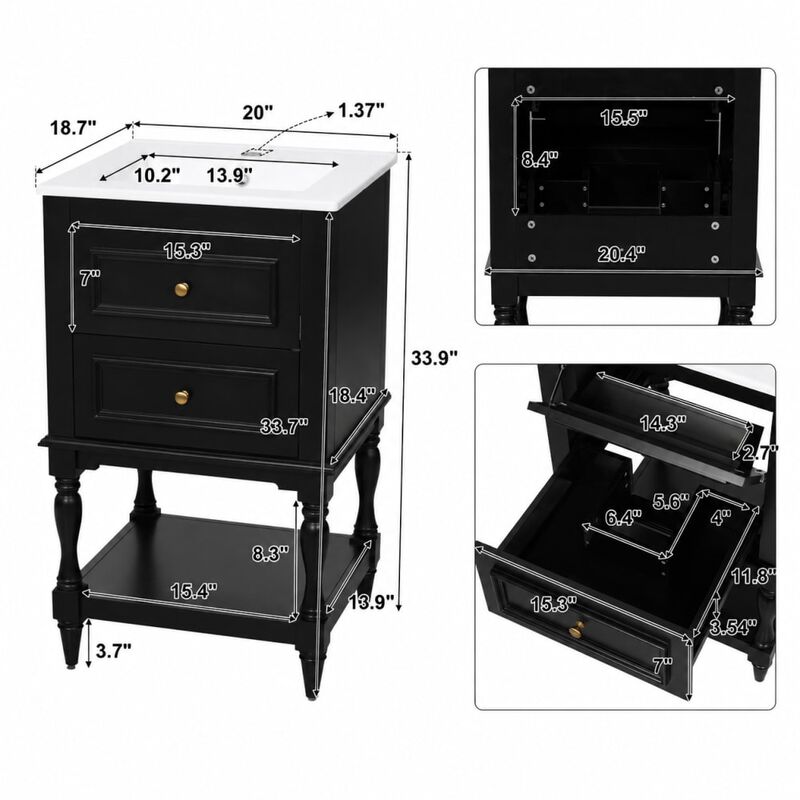 ELEMENT ACE 20 Inch Bathroom Vanity with Integrated Ceramic Sink, Freestanding Bathroom Cabinet with 2 Drawers and Open Shelf image number 1
