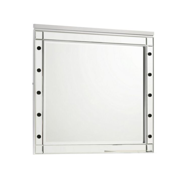 Lee 37 x 40 Vanity Mirror, 10 Light Bulb Sockets, Modern White Wood Frame - Benzara