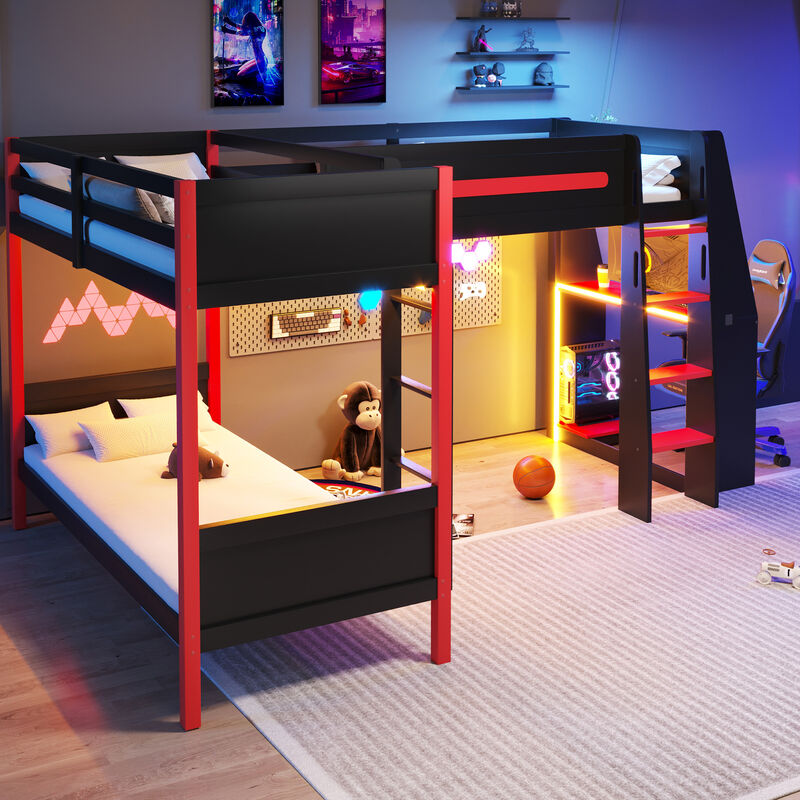 Merax Black & Red L-Shaped Twin Bunk Bed with Gaming Loft Desk, Storage Shelves & LED Light Strip image number 3
