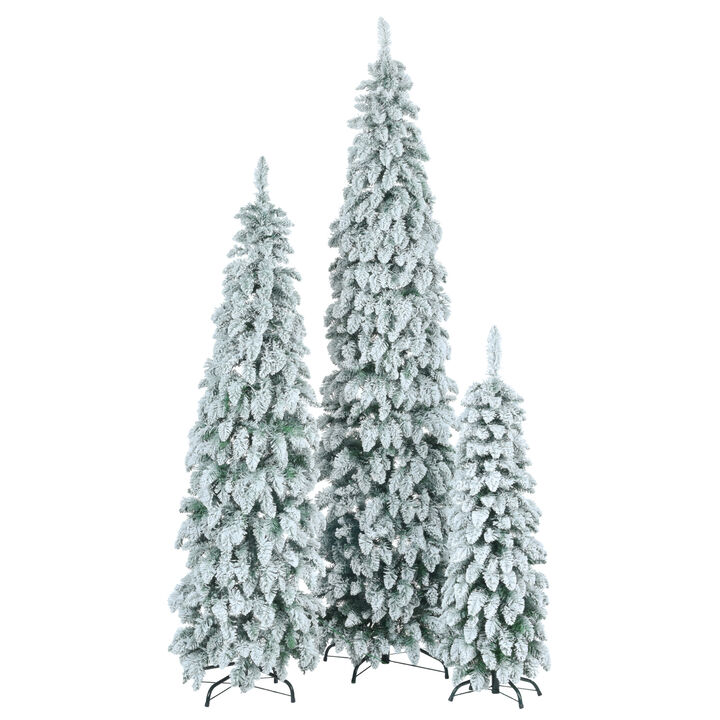 Whisen 8FT, 6FT, 4FT Pre-Lit Pencil Christmas Trees, 3-set Slim Artificial Christmas Tree With Snow Flocking, Xmas Holiday Decoration Tree, 1455 Branch Tips, 520 LED Lights