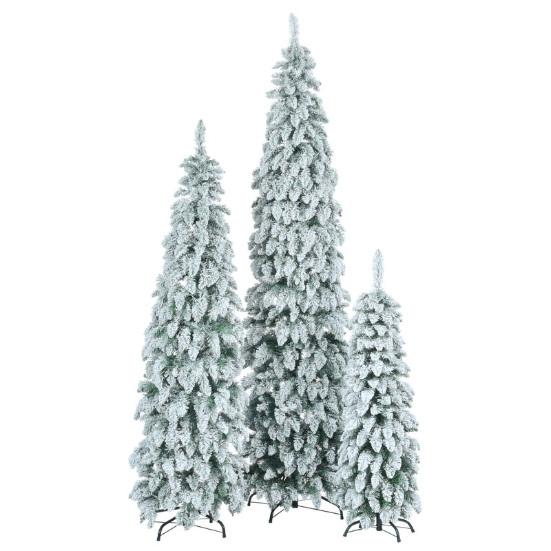 Whisen 8FT, 6FT, 4FT Pre-Lit Pencil Christmas Trees, 3-set Slim Artificial Christmas Tree With Snow Flocking, Xmas Holiday Decoration Tree, 1455 Branch Tips, 520 LED Lights image number 0