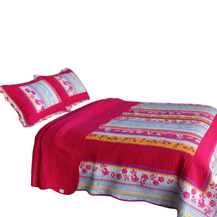 Vermicelli Quilted Cotton Floral Printed Quilt Set Queen Size Blooming Garden Design Set
