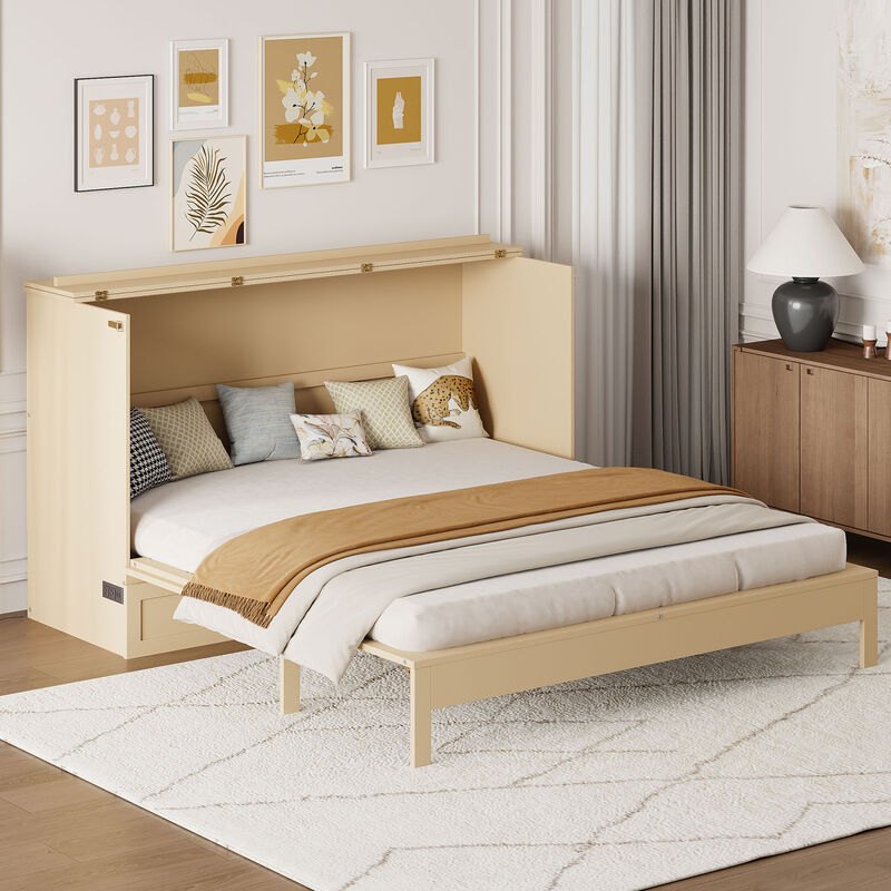 Whisen Modern Design Queen Size Murphy Bed, Folded into a Cabinet with Large Drawers