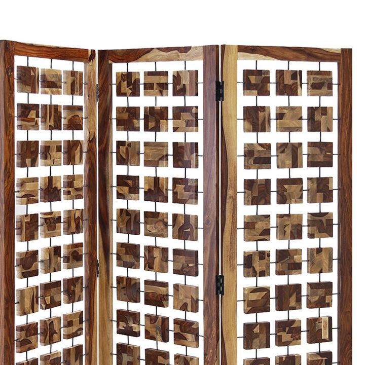 Wooden 3 Panel Room Divider with Interconnected Square Blocks, Brown-Benzara
