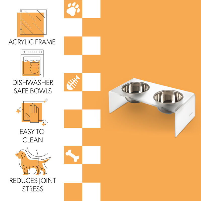 Keaton Modern Acrylic Rectangular Elevated Pet Feeder with Stainless Steel Bowls