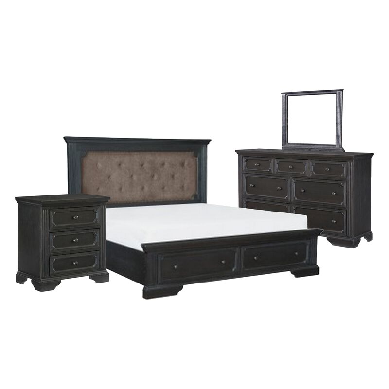 Aly Four Pc Queen Bedroom Set, Brown Polyester Upholstery, Storage Footboard, Gray - Benzara