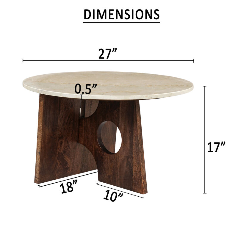 Kali Coffee Table | 27" Natural Round Marble Tabletop | Dark Brown Mango Wood Sculptural Base
