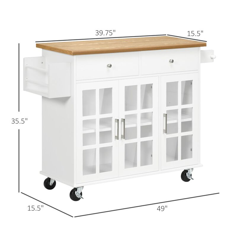 Rolling Kitchen Island with Storage, Utility Kitchen Cart with 2 Drawers, 2 Cupboards, Towel Rack and Spice Rack, Microwave Cart for Dining Room, White