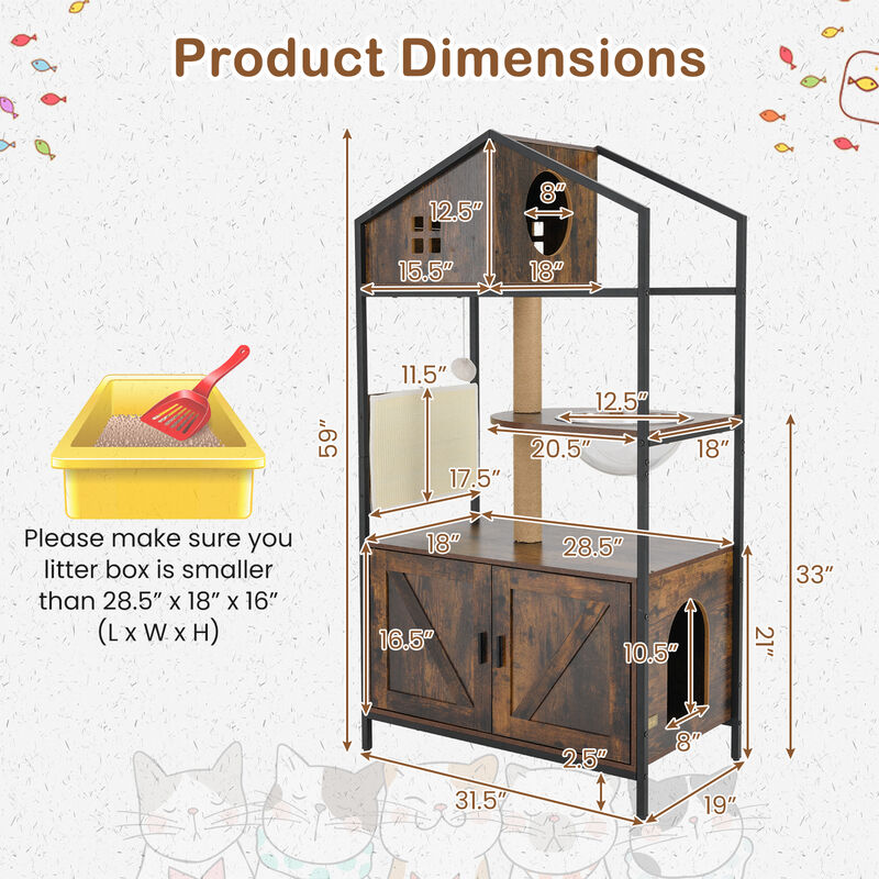 Industrial Indoor Cat Condo with Litter Box &ndash; Multi-Level Cat Tree Furniture - Rustic Brown image number 2
