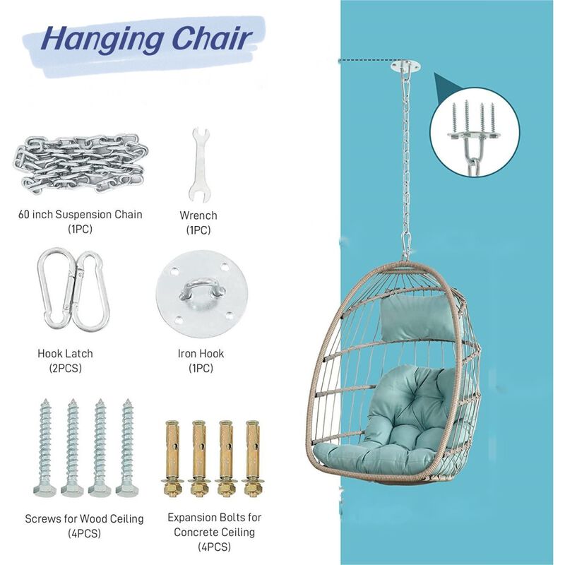 Outdoor Garden Rattan Egg Swing Chair Hanging Chair Wood &Light Gray