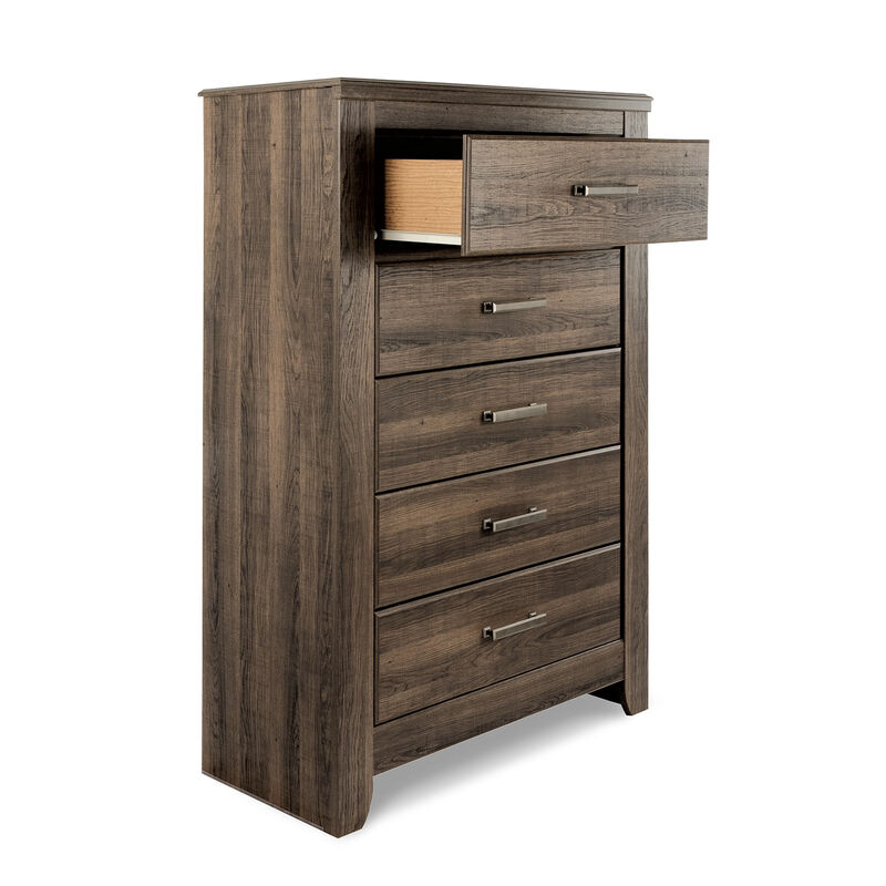 Rye Tall Dresser Chest, 5 Drawers, Modern Classic Laminate Dark Brown - Benzara