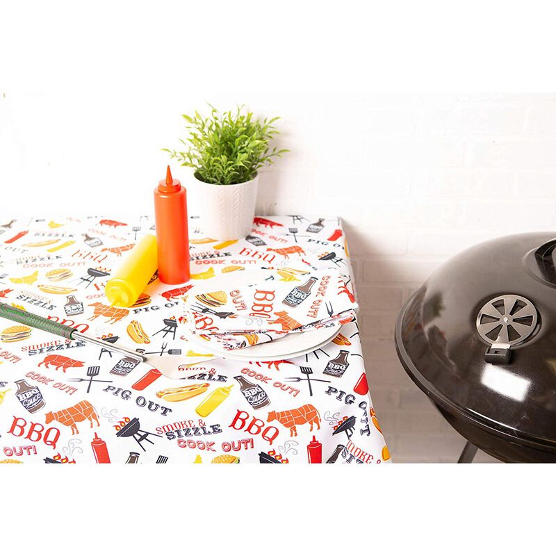 120" White and Yellow Barbeque Themed Rectangular Outdoor Tablecloth