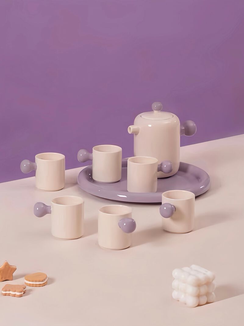 Toffee  Ceramic Tea Pot Tea Cup Set of 8 Pcs with 1 pot, 1 tray & 6 cups image number 4