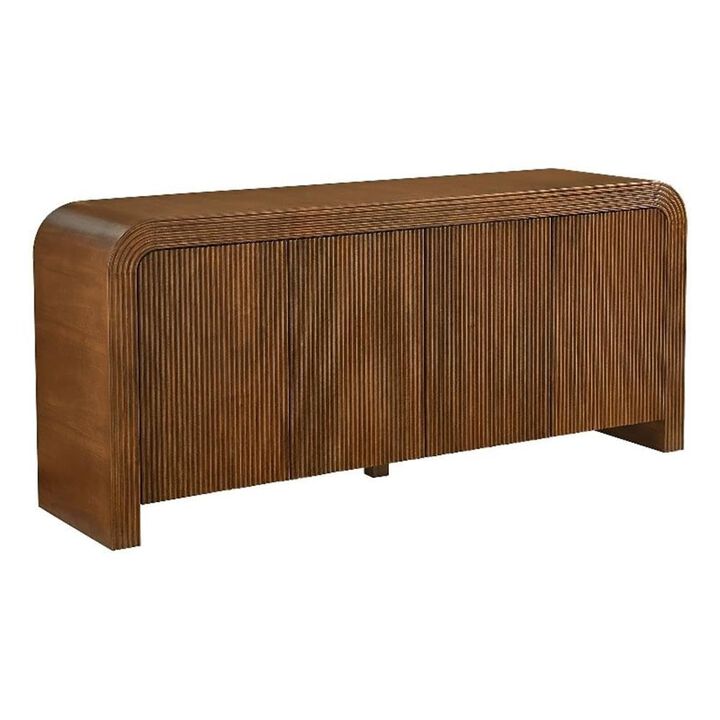 Modway Waterflute 70 Inch Fluted 4-Door Sideboard Cabinet in Walnut &ndash; Modern Storage Console with Adjustable Shelves &ndash; Waterfall Edge High TV Stand with Cable Management for Living Room