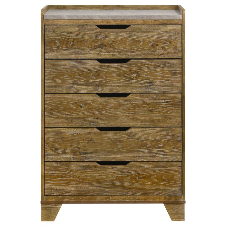 Nolan Tall Dresser Chest with Faux Marble Top, 5 Drawers, Brown Wood