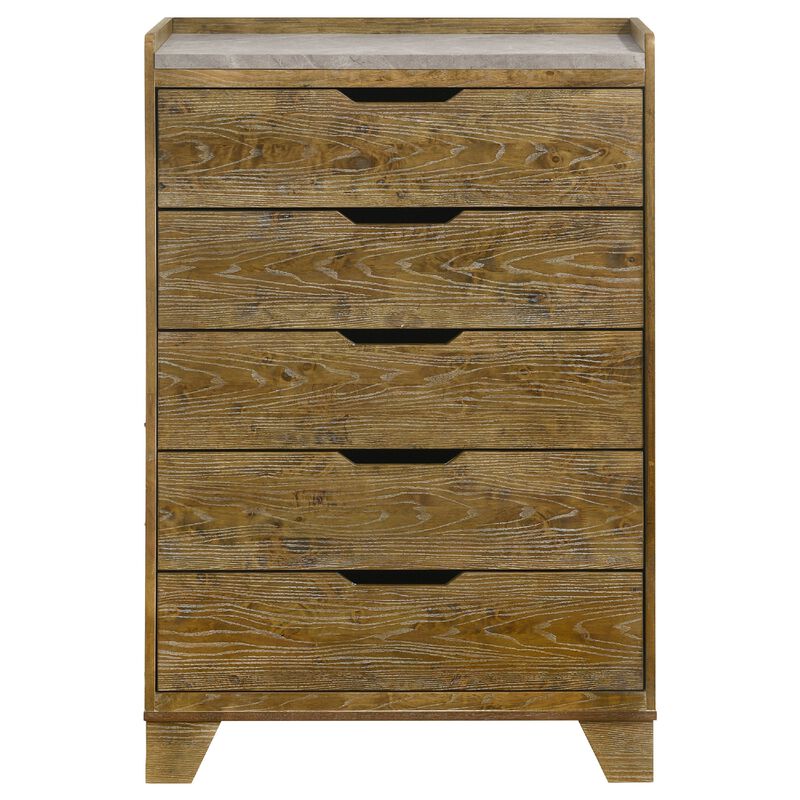 Nolan Tall Dresser Chest with Faux Marble Top, 5 Drawers, Brown Wood image number 0