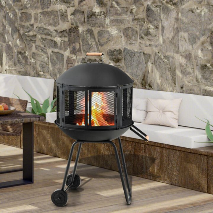 Hivvago 28 Inch Portable Fire Pit on Wheels with Log Grate-Black
