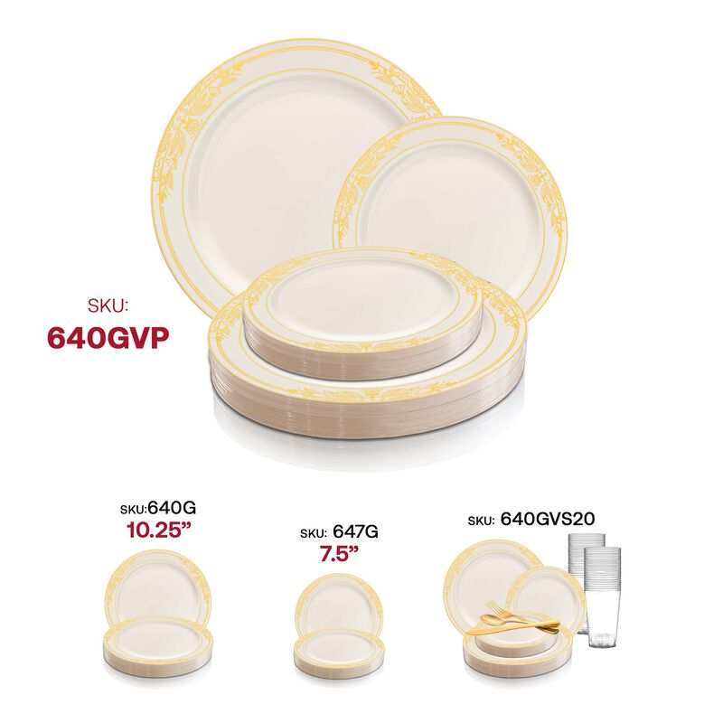 Ivory with Gold Harmony Rim Plastic Dinnerware Value Set (40 Sets) image number 6