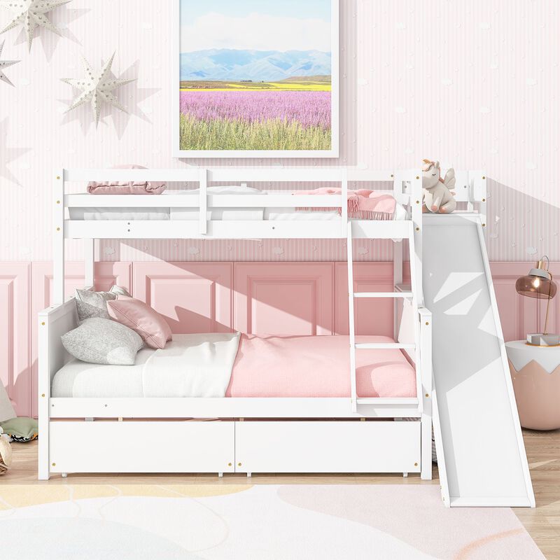 Whisen Twin over Full Rubber Wood Bunk Bed with 2 Drawers, Slide, Shelves and Ladder - White