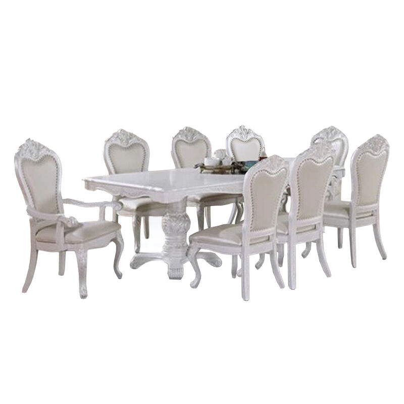 Zenie 9pc Dining Set, Classy White Wood Table, 8 Chairs, Faux Leather - Benzara image number 0