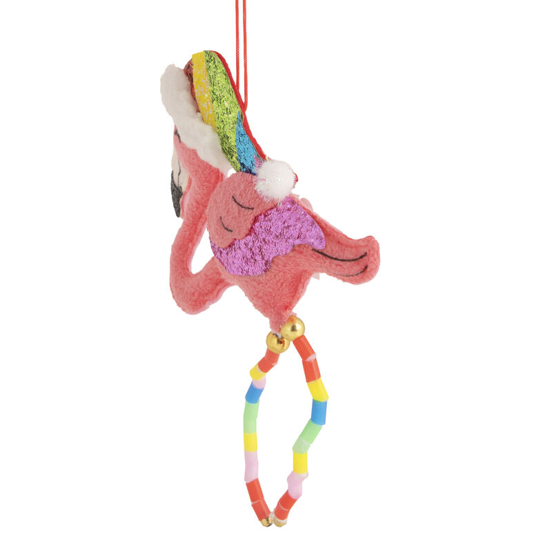 7.5" Pink Plush Flamingo with Rainbow Santa Hat Christmas Ornament image number 3