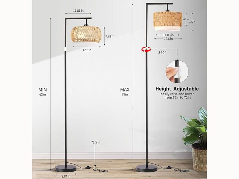Boho Rattan Floor Lamp – Adjustable Height, Remote Dimmable, Rustic Brown Finish