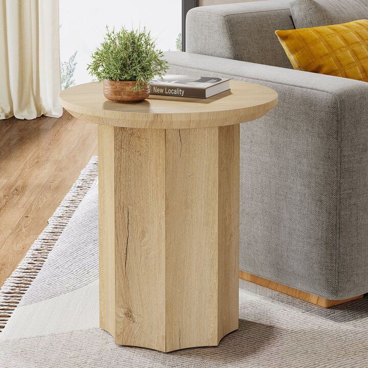 Wooden Round End Table, Pedestal Side Table with Octagonal Base-Light Brown