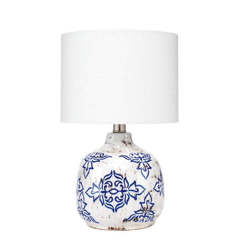 Table Lamp with Floral Pattern Ceramic Base, White - Benzara