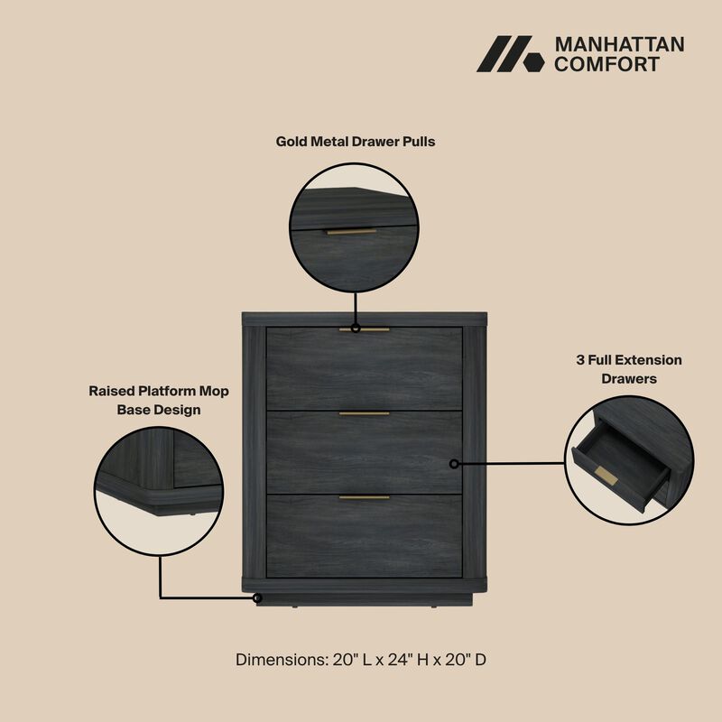 Evelyn Narrow 3-Drawer Nightstands in Dark Gray (Set of 2)