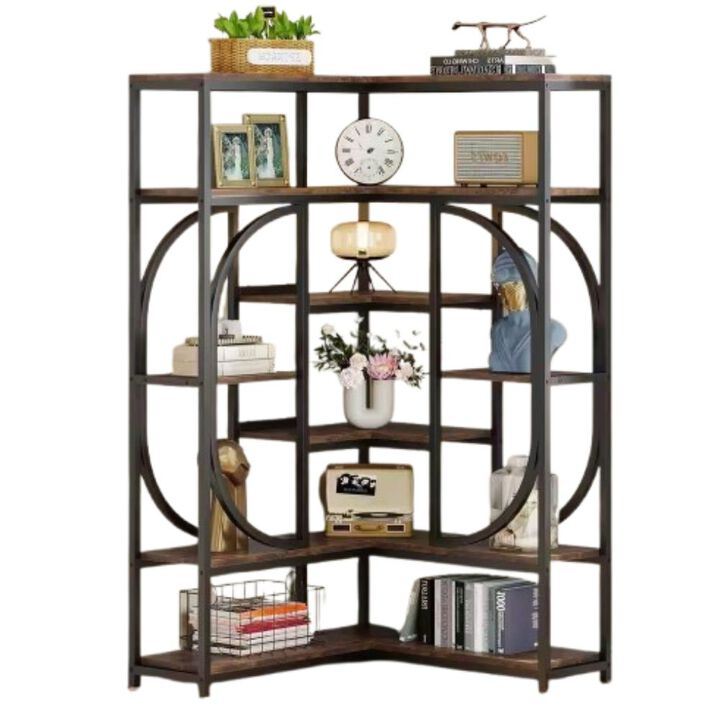 Hivvago 67-inch Tall Modern Industrial Metal Wood Corner Bookcase