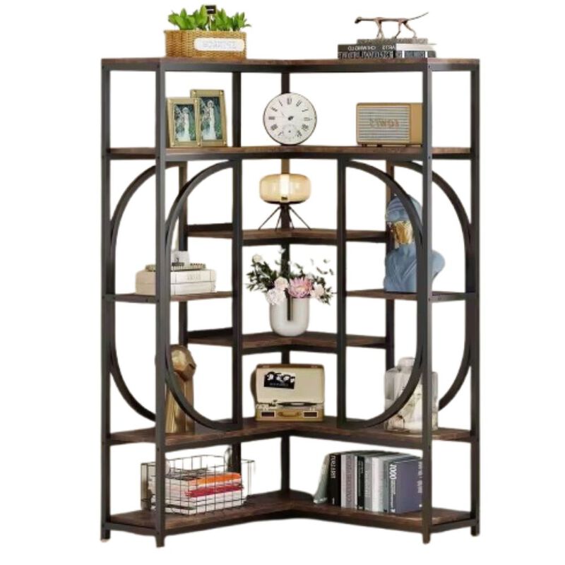 Hivvago 67-inch Tall Modern Industrial Metal Wood Corner Bookcase