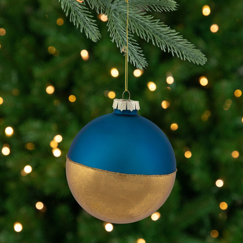 3.5" Blue and Gold Glass Ball Christmas Ornament image number 1