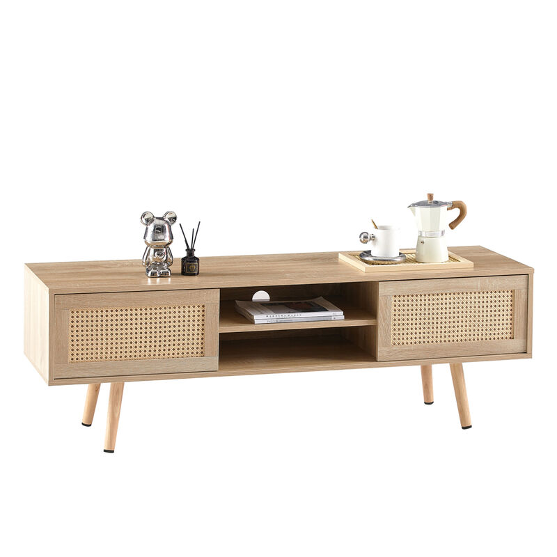 Streamdale Natural Rattan TV Cabinet with Sliding Doors