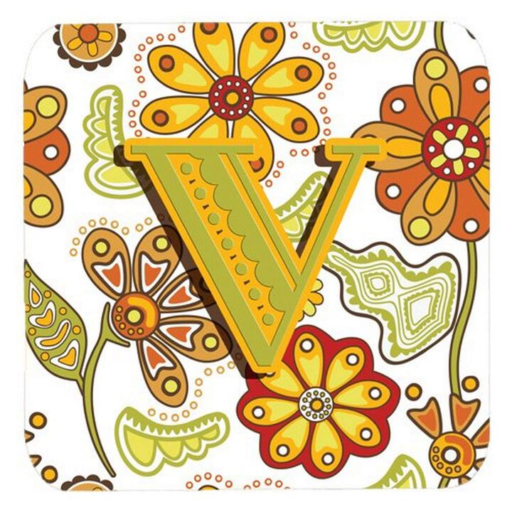 Caroline's Treasures CJ2003-VFC Letter V Floral Mustard and Green Foam Coasters (Set of 4), 3.5, Multicolor