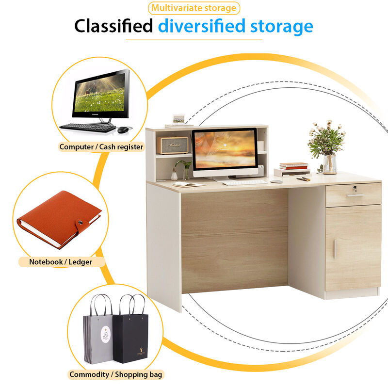 Rectangular White Wooden Computer Desk, Writing Desk with Drawer, 4 Shelves and A Container, 55.1 in.W-23.6 in.D