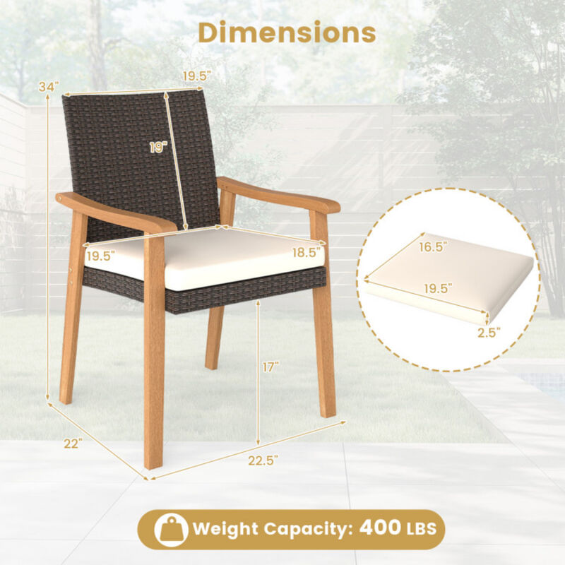 Set of 2 Outdoor Patio PE Rattan Dining Chairs with Acacia Wood Armrests and Cushion image number 2