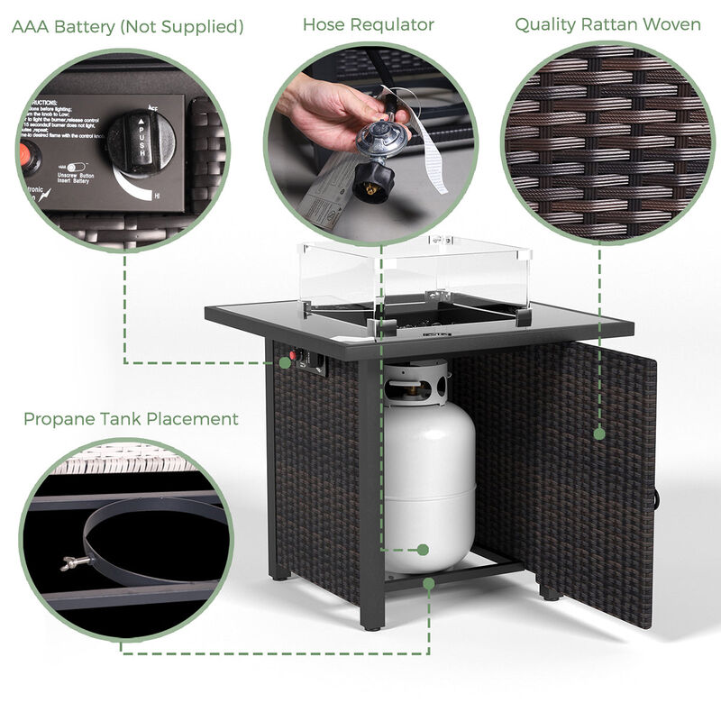 Mondawe 28 Inch Propane Fire Pit Table, Rattan & Wicker-Look, 50000 BTU Gas Firepits Tempered Glass Tabletop with Glass Windscreen Protector for Outside Patio and Garden