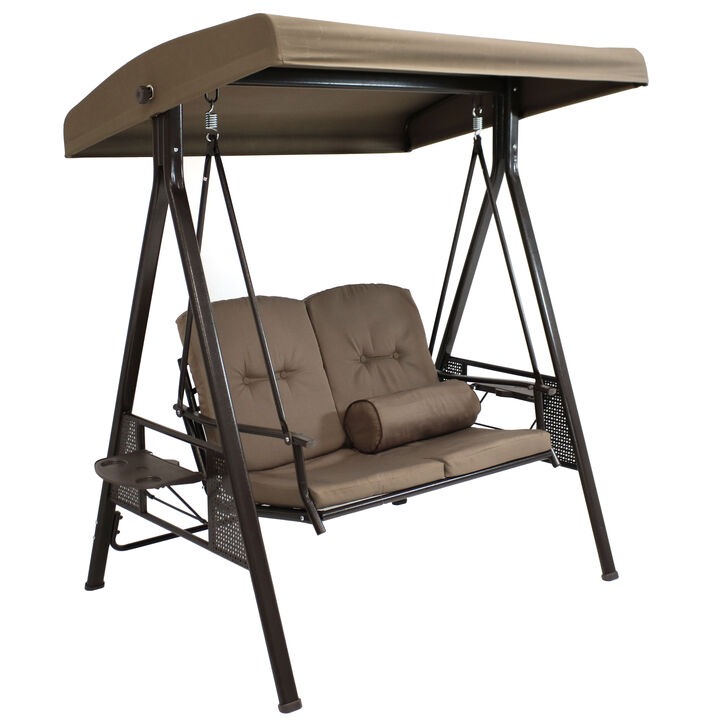 Sunnydaze 2-Person Adjustable Steel Swing Bench with Canopy/Cushion - Beige