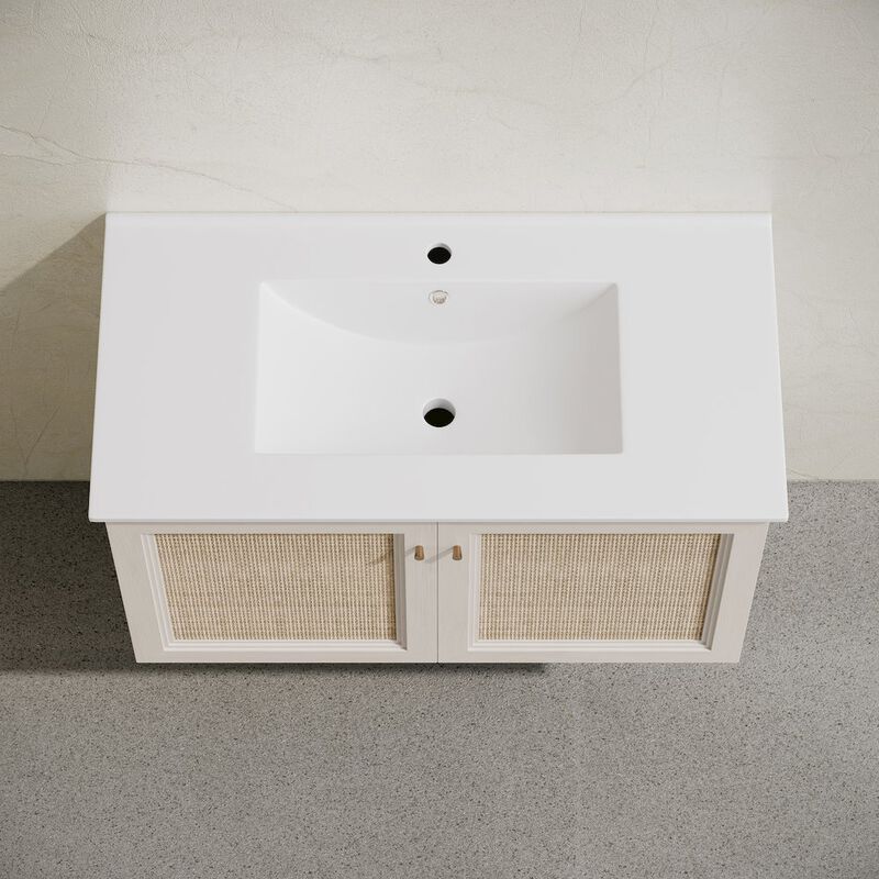 36" Wall-Mounted Bathroom Vanity in White Oak with Single Faucet Hole Vanity Top image number 4