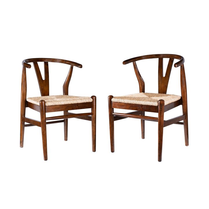 Cera Dining Chair Set of 2, Handwoven Rope, Cappuccino Brown Wood - Benzara